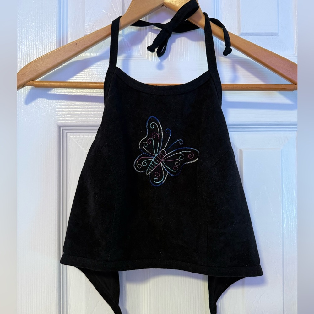 90’s Black Backless Halter Top with Embroidered Butterfly